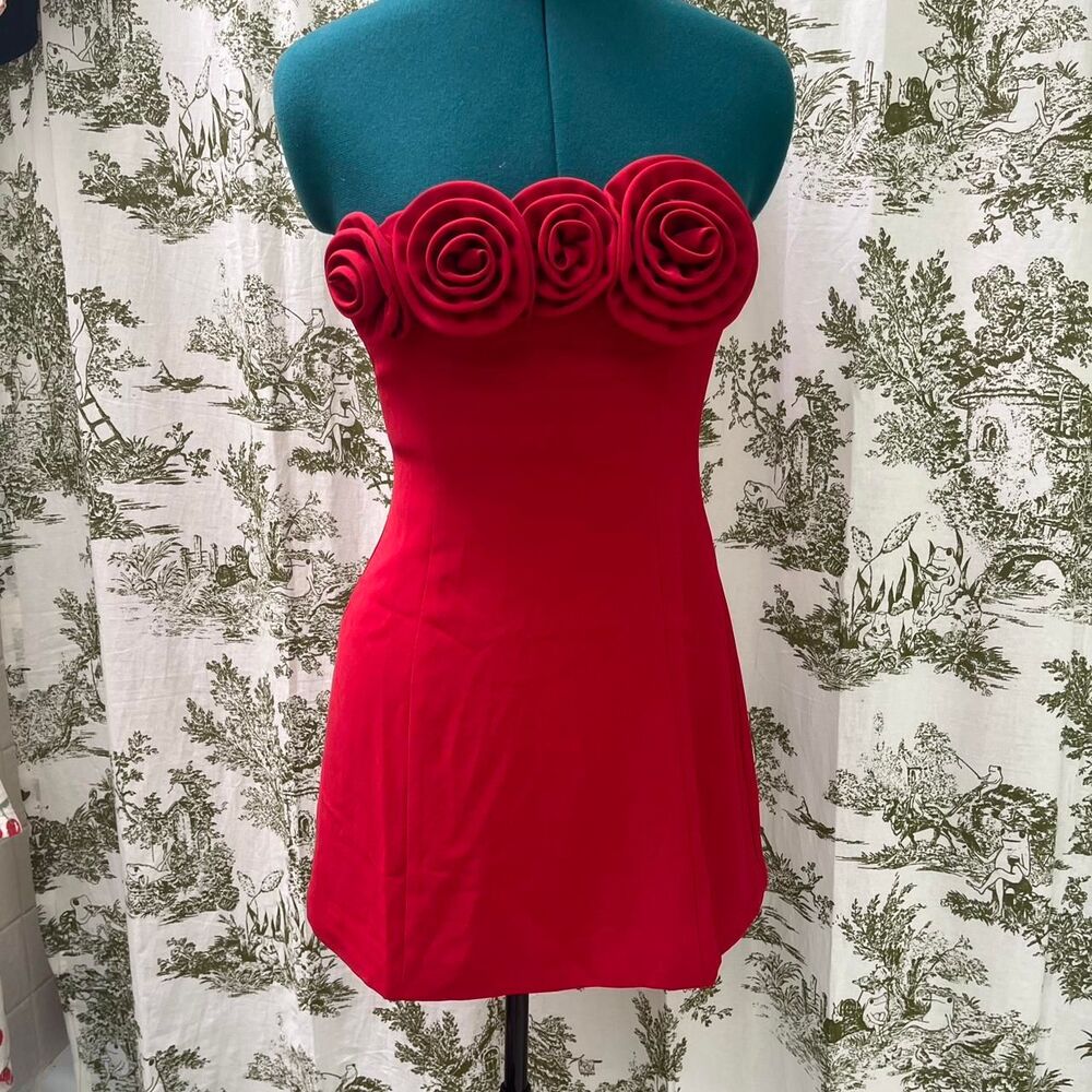 Peppermayo Patsie strapless red mini dress w/ stunning 3D red rose Sz 4